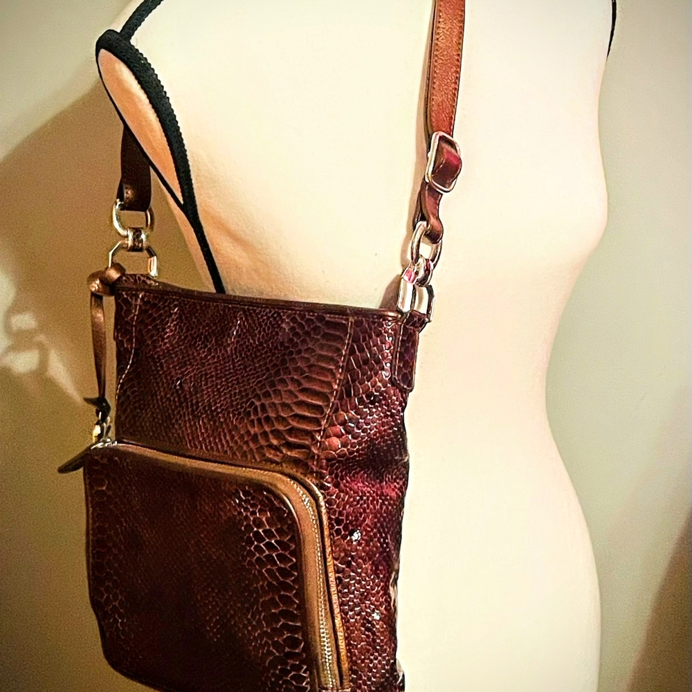 Brighton - Patent Brown Snakeskin Print Leather Crossbody Bag